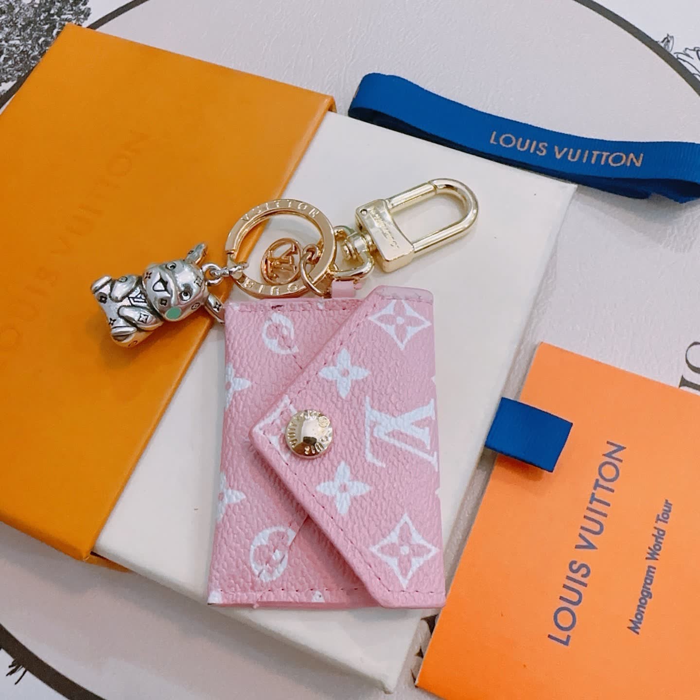 Louis Vuitton Pink Monogram Cardholder with Dog Charm